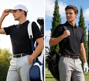 A golfer wearing Everyday Jersey Henley Shirt (left) and Maelreg’s Everyday Solid Jersey Polo (right) on a scenic golf course, showcasing stylish golf apparel suitable for both business and leisure activities.