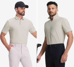 On the left is a close-up of the model wearing the Dry Fit Waffle Textured Collared Golf Shirt; on the right is a close-up of the model wearing the Waffle Texture 1/4 Zip Pullover.