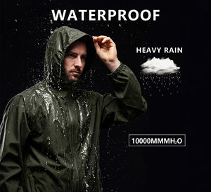 A poster featuring a model wearing a Waterproof Lightweight Rain Jacket with Hood to demonstrate the garment's waterproof properties