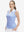 Front upper body shot of model wearing white blue stripes women's sleeveless v-neck print golf shirts