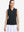 Front upper body shot of model wearing black women's collared v neck quick dry tank tops
