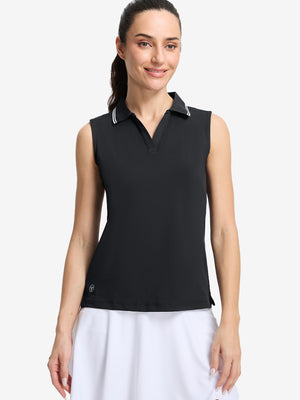 Front upper body shot of model wearing black women's collared v neck quick dry tank tops