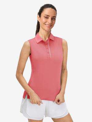 Front upper body view in pink of women's 4 buttons golf polo shirts.