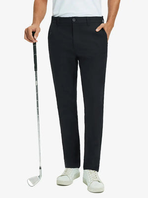 Front lower leg view of Water Repellent 8 Pockets Pants in BLACK，model holds golf club with right hand.