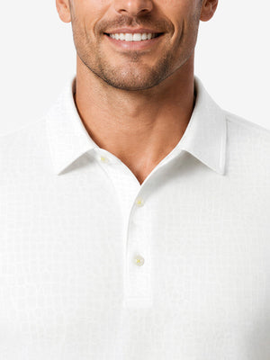 Front view from nose to chest in white of nylon blend casual jacquard polo shirts.