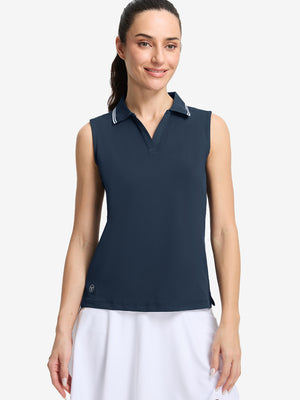 Front upper body shot of model wearing navy women's collared v neck quick dry tank tops