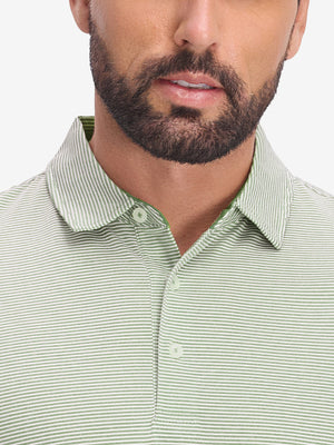 Front view from nose to chest of model wearing moss green white comfy breathable pin-stripe texture golf polos