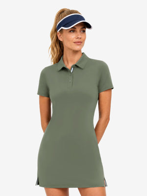 Front upper body view in mossy stone of women's lightweight golf dress with 2 pockets.