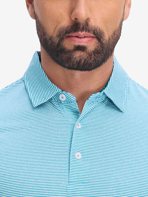 Front view from nose to chest of model wearing blue white comfy breathable pin-stripe texture golf polos