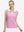 Front upper body shot of model wearing white pink geometric women's sleeveless v-neck print golf shirts