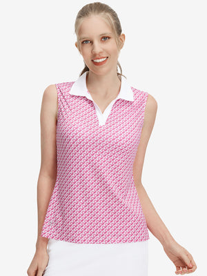 Front upper body shot of model wearing white pink geometric women's sleeveless v-neck print golf shirts
