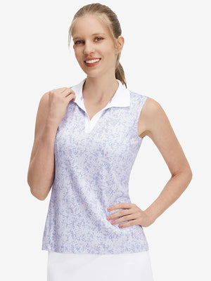 Front upper body shot of model wearing pink purple rose women's sleeveless v-neck print golf shirts