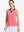 Front upper body shot of model wearing pink women's collared v neck quick dry tank tops