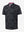 3D view of black splatter stretch printed collarless henley golf shirts.