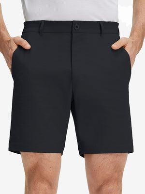 Front lower body shot of model wearing black flat front flex cotton blend golf shorts
