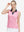 Front upper body shot of model wearing pink white florals women's sleeveless v-neck print golf shirts