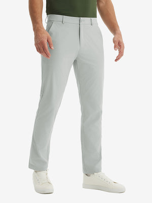 Front lower-body view of model in light grey stretch quick dry casual golf pants with 4 pockets