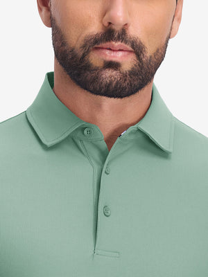 Front shot from nose to chest of model wearing green grey dry fit waffle textured collared golf shirts