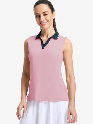 Front upper body shot of model wearing lavender women's collared v neck quick dry tank tops