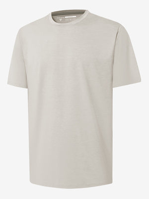 3d view of garment in light khaki heather of moisture wicking heather round neck athletic t-shirts.
