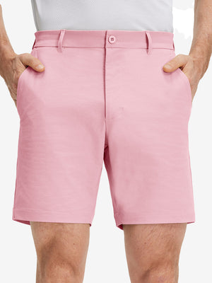 Front lower body shot of model wearing pink flat front flex cotton blend golf shorts