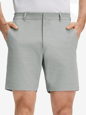 Front lower body shot of model wearing rose dust flat front flex cotton blend golf shorts