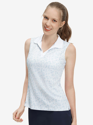 Front upper body shot of model wearing white blue florals women's sleeveless v-neck print golf shirts