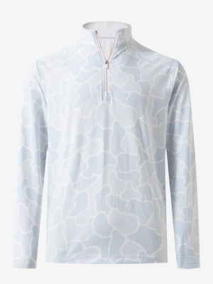 Front 3D view of Full print lightweight quarter zip pullover in grey irregular shape with vivid pattern