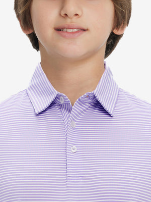 Front view of youth wearing lavender white stripe performance cooling polo, showing collar and chest fit