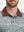 Front view from nose to chest of model wearing grey/wine camo premium ribbed collar print polo shirts