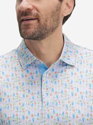 Front view from nose to chest of model wearing the colorful wine glass 4 way stretch print collared polo shirt, showcasing the upper fit