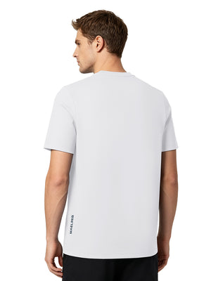 Back upper body view in white of men's short sleeve slim fit roma knit t-shirt.