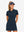 Front upper body view in navy of women's lightweight golf dress with 2 pockets.