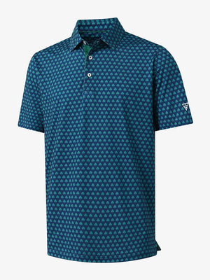 3D view of MAELREG Performance Jersey Print Polo in Four Leaf Clover – breathable golf fabric