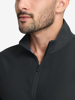 Front view from nose to chest of model wearing black waffle texture 1/4 zip pullover