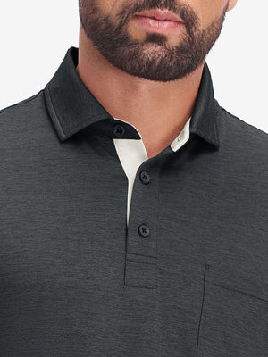 Front view from nose to chest in black heather of performance heather contrast collar polo shirts.