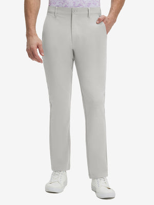 Front lower body shot of model wearing light gray straight fit lightweight dress golf pants