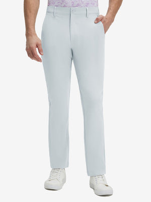 Front lower body shot of model wearing newport blue straight fit lightweight dress golf pants