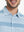 Front half-body view from nose to chest of model wearing BLUE WHITE STRIPE Performance Yarn Dye Striped Polo