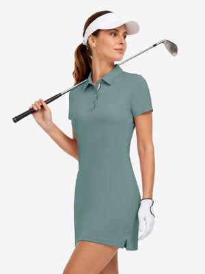 Front upper body view in dusty blue of women's lightweight golf dress with 2 pockets.