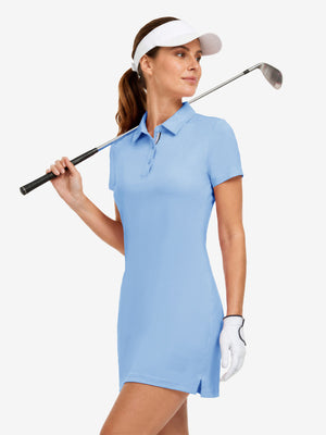 Front upper body view in light blue of women's lightweight golf dress with 2 pockets.