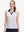 Front upper body shot of model wearing colorful hearts women's sleeveless v-neck print golf shirts