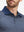 Front view from nose to chest of model wearing dark blue golf premium ribbed collar print polo shirts