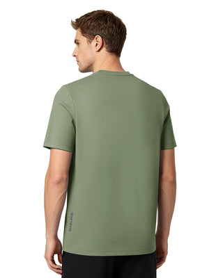 Back upper body view in green grey of men's short sleeve slim fit roma knit t-shirt.
