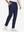 Front lower body shot of model wearing dark blue stretch cotton blend slim fit golf trousers 5 pockets