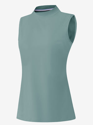 3d rendering of dusty blue women's moisture-wicking mock neck sleeveless golf tops