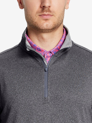 Front view from nose to chest, model wearing BLACK MELANGE Moisture Wicking Quarter Zip Pullover.