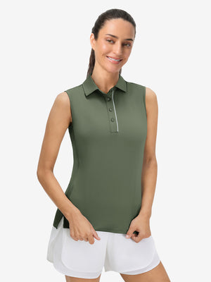 Front upper body view in mossy stone of women's 4 buttons golf polo shirts.