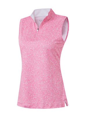 3d rendering of pink white florals women's sleeveless q-zip print quick dry golf tops