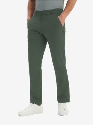 Front lower-body view of model in grey green stretch quick dry casual golf pants with 4 pockets